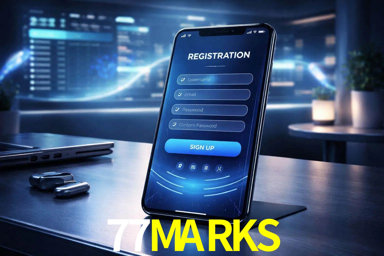 Una interfaz moderna de registro móvil para 77MARKS mostrada en un smartphone con un panel de apuestas elegante.